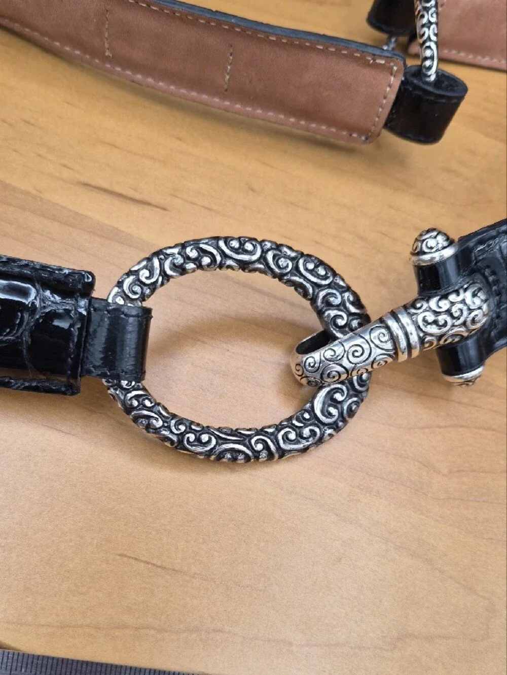 Vintage Brighton B60193 Black Croc Patent Leather Hook Belt Size 34